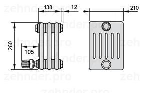 Схема (чертеж) Радиатор Zehnder Charleston 6026/3 №V004 Белый глянцевый RAL 9016